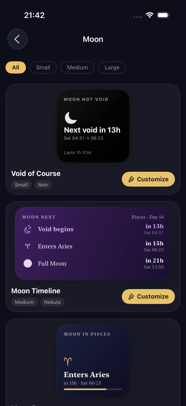 Moon category with size filters and Customize buttons