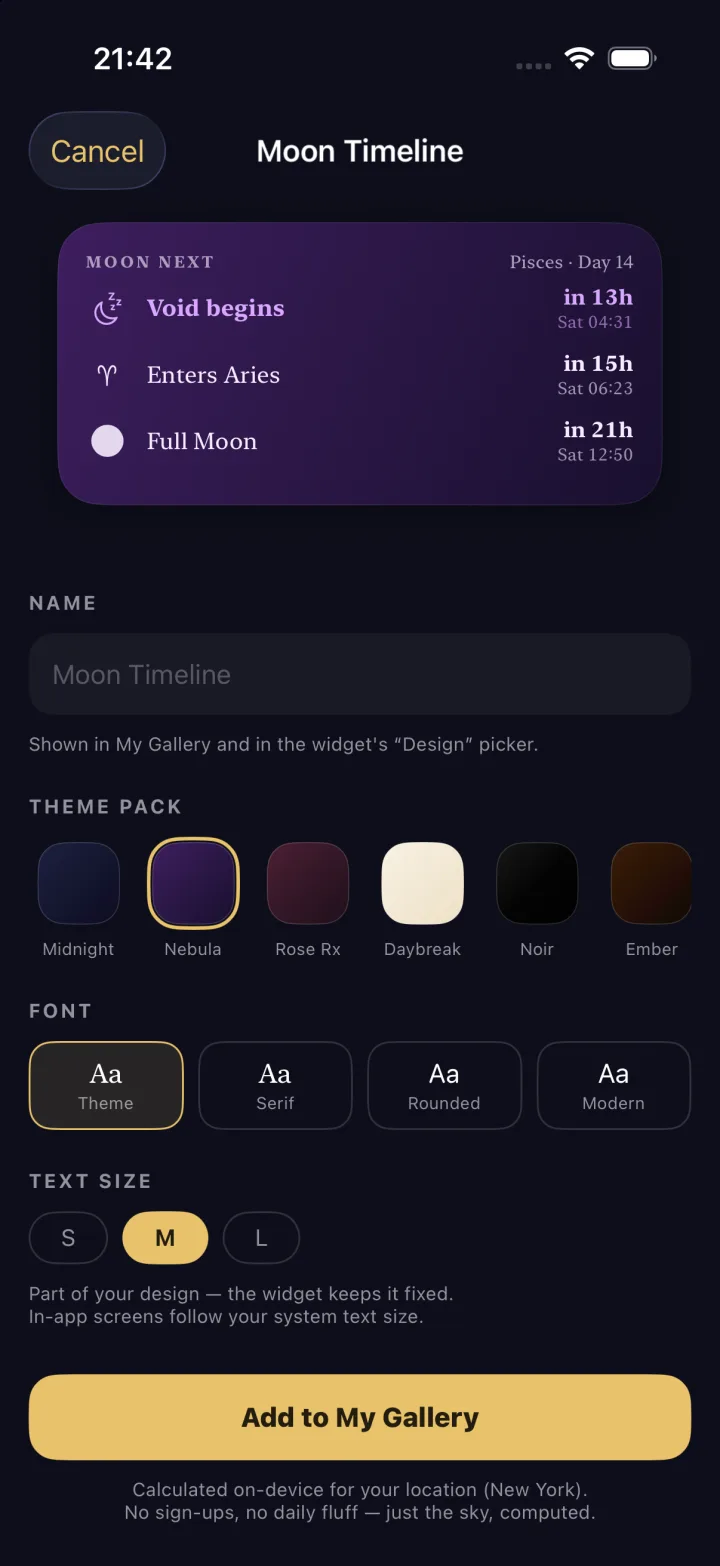 Customize: theme pack, font, text size, Add to My Gallery