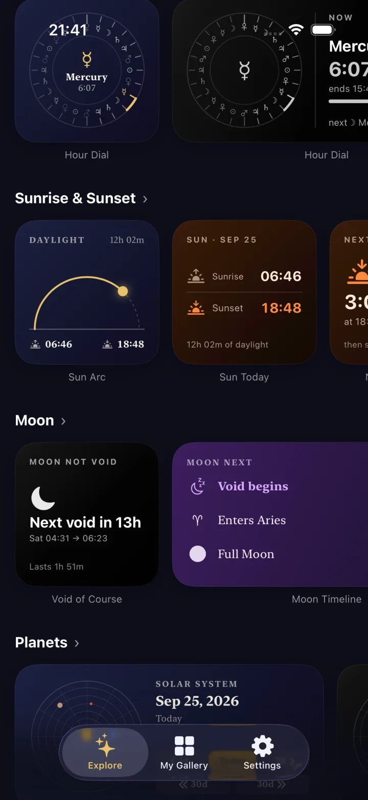 Explore: Sunrise & Sunset, Moon and Planets rails